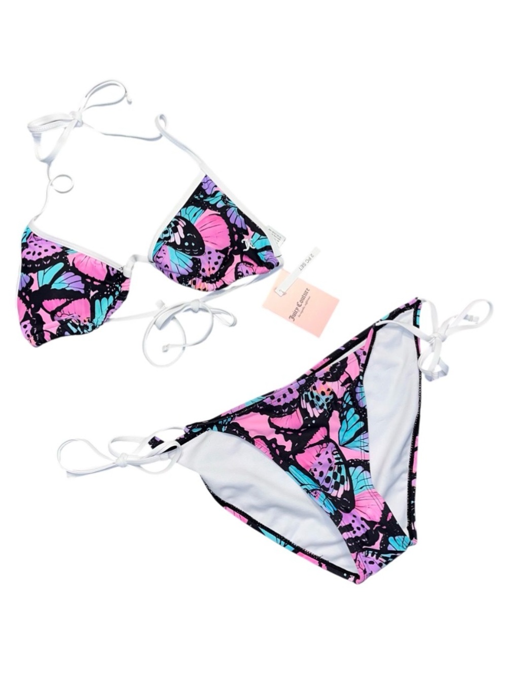 Juicy Black Butterfly Triangle Bikini Medium NWT Padded String Bottoms Tie Pink
